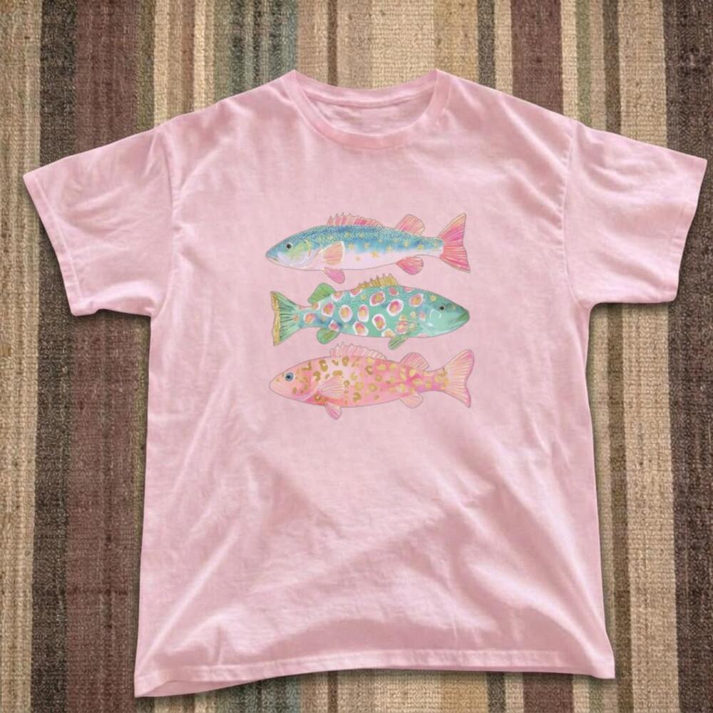 Pink Fish Graphic Tee With Three Fish With Polka Dots